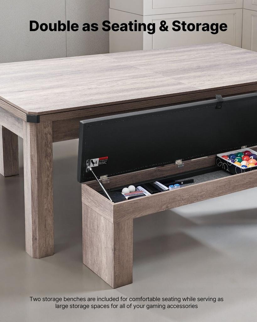 214cm Pool Table Combo Set, 3-in-1 Multi Game Billiards Tables with Dining Top and Ping Pong, 2 Benches for Storage and Accessory, Includes Ball Cue