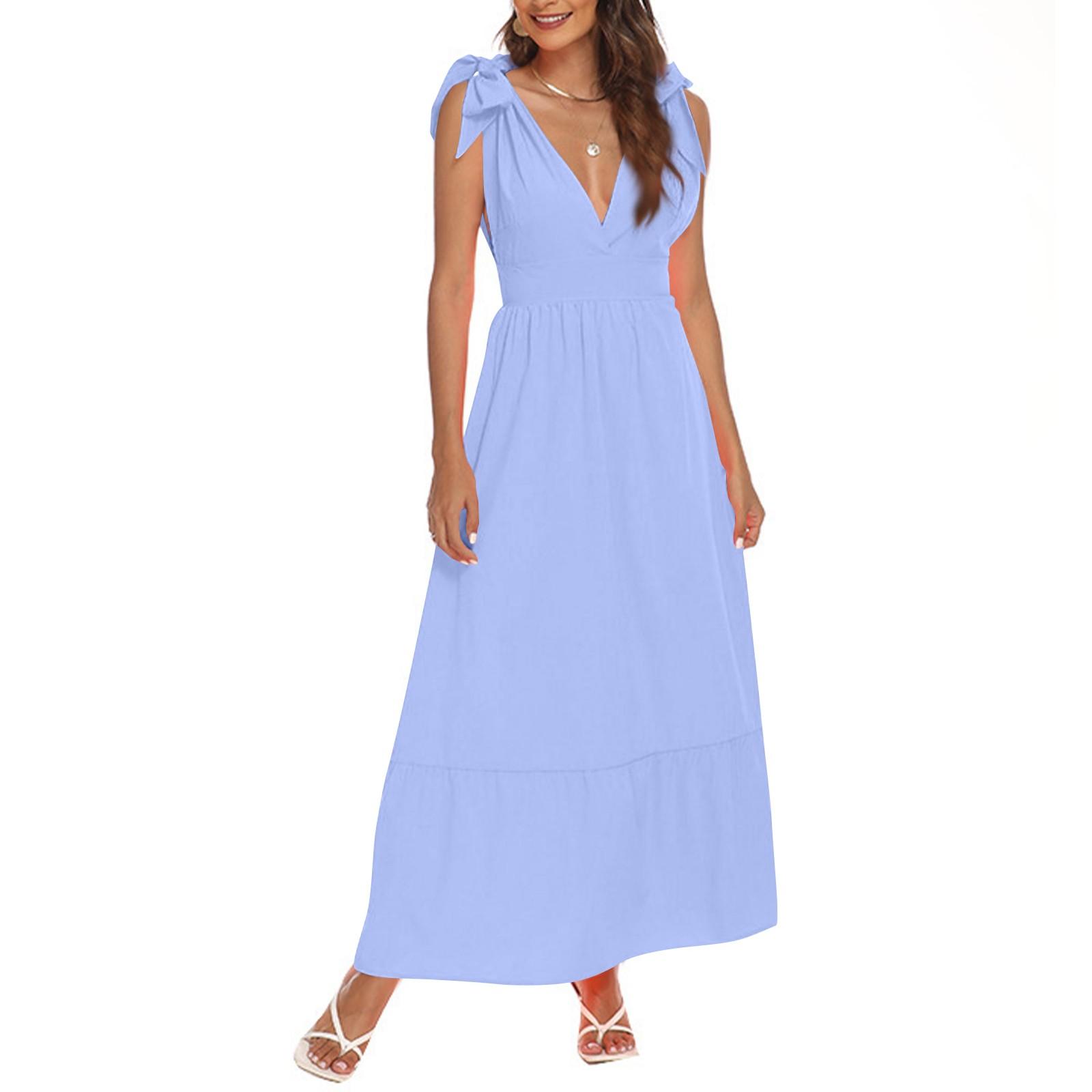 

Женское повседневное однотонное бохо-пляжное платье А-силуэта со шнуровкой и V-образным вырезом на подтяжках M синий