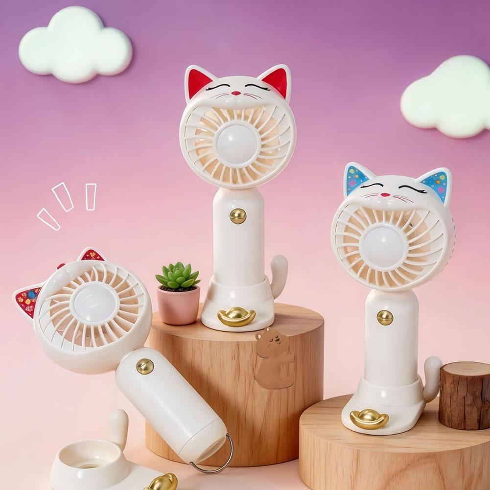 Mini Cute Cat Shaped Fan With Base Portable Handheld Fan USB Rechargeable Desk Cooling Fan For Home Travel Gift Summer Cooling