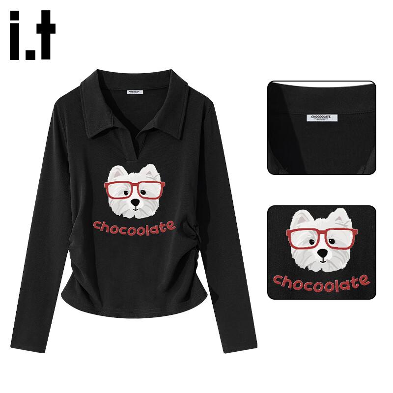 :CHOCOOLATEit Women's Puppy Print Polo Long-Sleeve T-Shirt