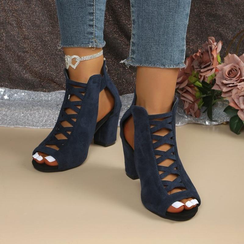 2026 Summer New Round Toe Open Toe Cutout Zipper Soft Sole Non-slip Block Heel Women's Shoes Fish Mouth Sandals