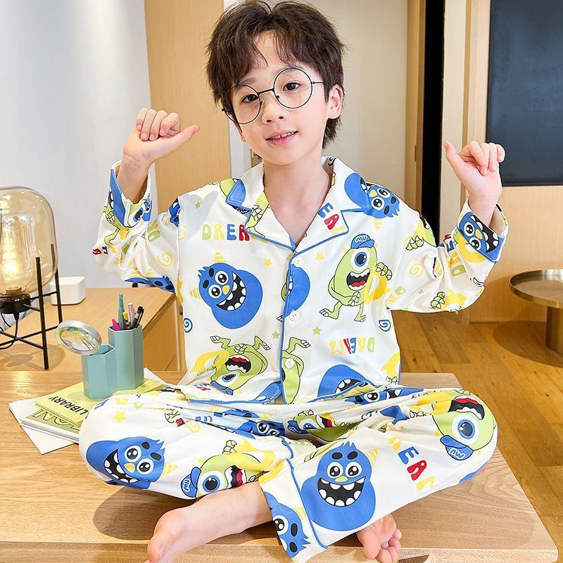 Spring & Autumn Children's Cartoon Cardigan Pajamas for Boys & Girls - Long Sleeve, Loose Fit, S/M/L Sizes