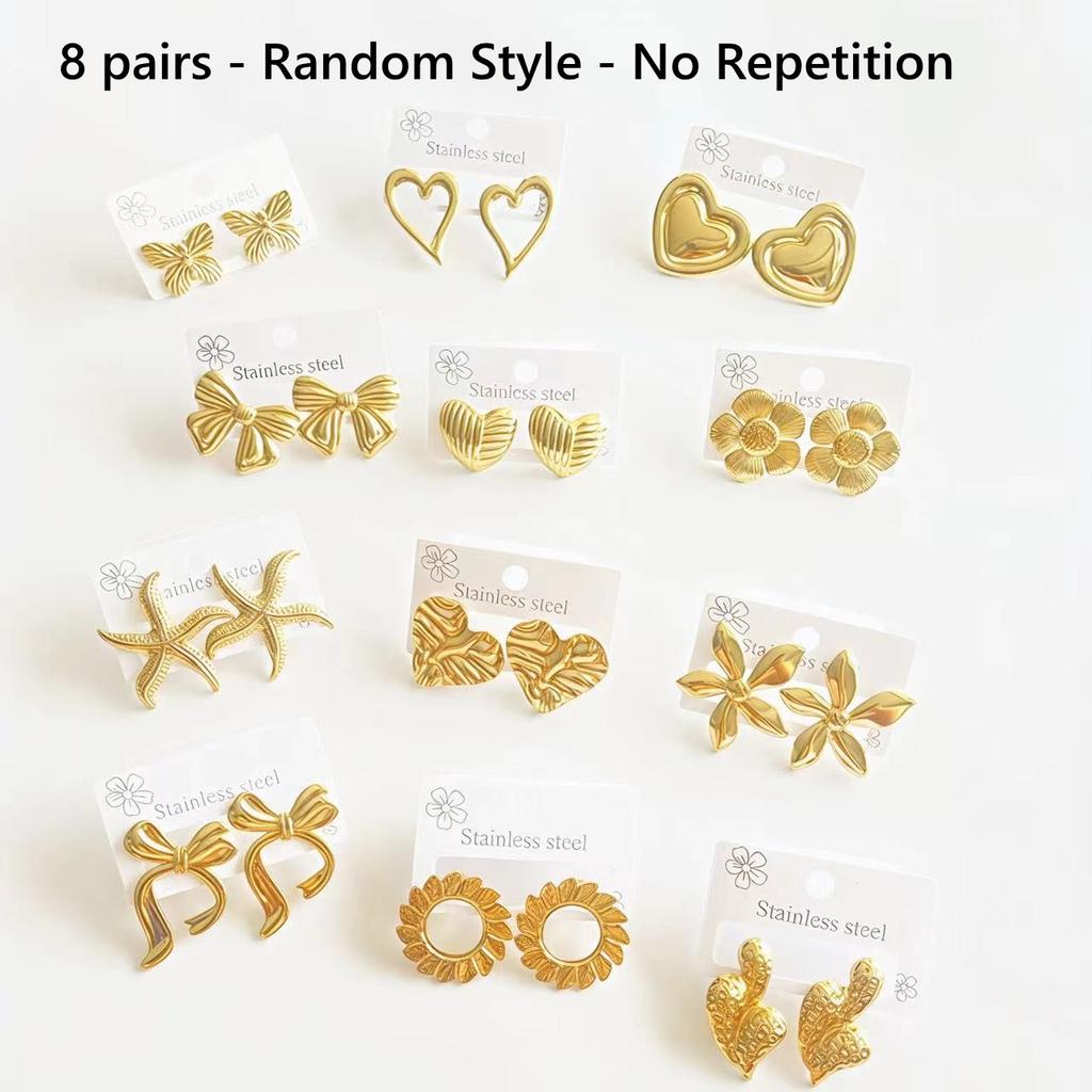 2-8 Pairs 18k Gold Plated Stainless Steel Love Statement Heart Bow Flower Water Droplets Shaped Classic Multi-Style Stud Earring