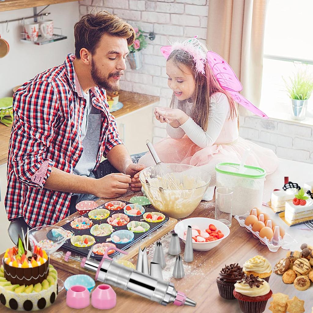 Stainless Steel Dessert Syringe Set Frosting Piping Nozzles Kit Icing Decoration Gun Cupcake Cookie Making Cake Decorating Tools