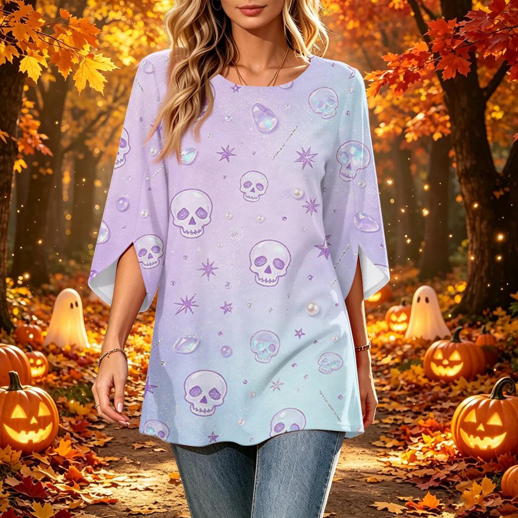 Women's Halloween Printed Casual Loose Fit Round Neck Three-Quarter Sleeve Top