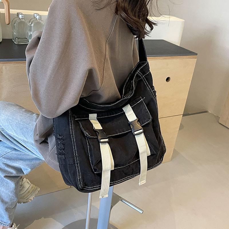 Large Capacity Japanese Denim Canvas Bag Fashion Casual Simple Crossbody Bag Solid Messenger Bag Student Commuter Shoulder Bag