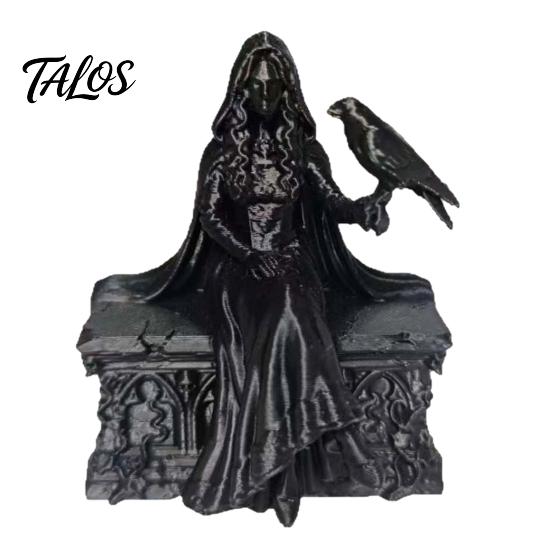 Gothic Crow Queen Figurine 3D Printed Figurine, Cloaked Robe Statue with Detailed Ornate Collectible Crow, Spooky Desktop Ornament for Home