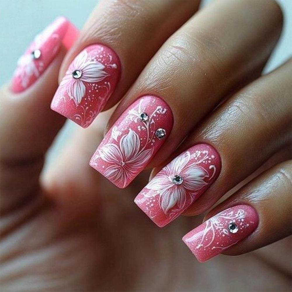 

24PCS Dark Luxury Purple Floral Press on Nails with Square European Hand Painted Vintage Cherry Blossoms Artistic False Nails