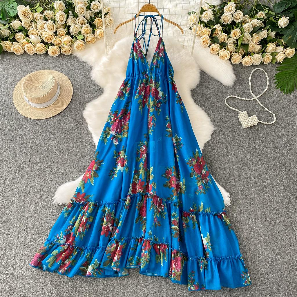 Summer Women Sexy V-neck Halter Open Back Print Long Maxi Holiday Beach Dresses