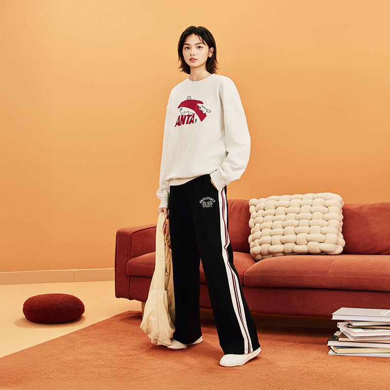 Anta Cat Print Fleece Loose Warm Pullover Fashion Sports Casual Trendy Versatile Long Sleeve Sweatshirt Women Tops Gray Gray-Floral 962618704-1