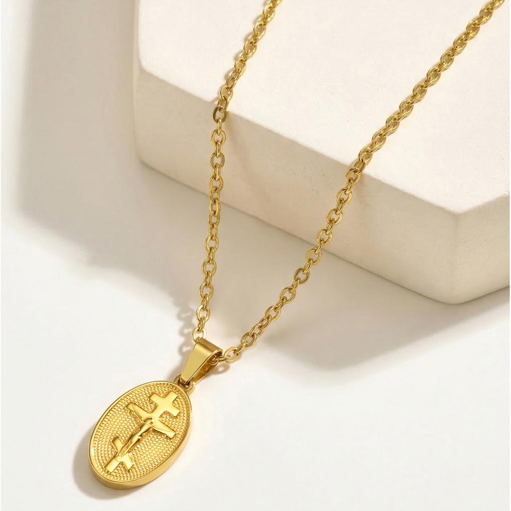 Russian Orthodox Cross Necklace Gold Plated Stainless Steel Oval Religious Medallion for Men Women Faith Gift