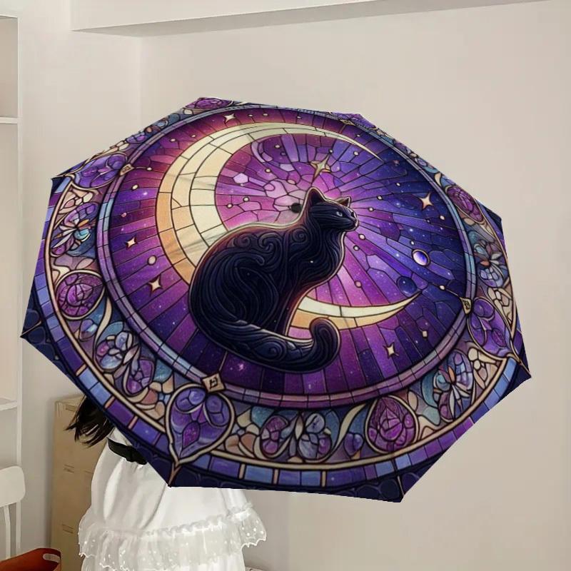 1pc Stained Glass Crescent Moon Cat Umbrella with Plastic Handle,Suitable for All Seasons Home Travel Outdoor UmbrellaDD002