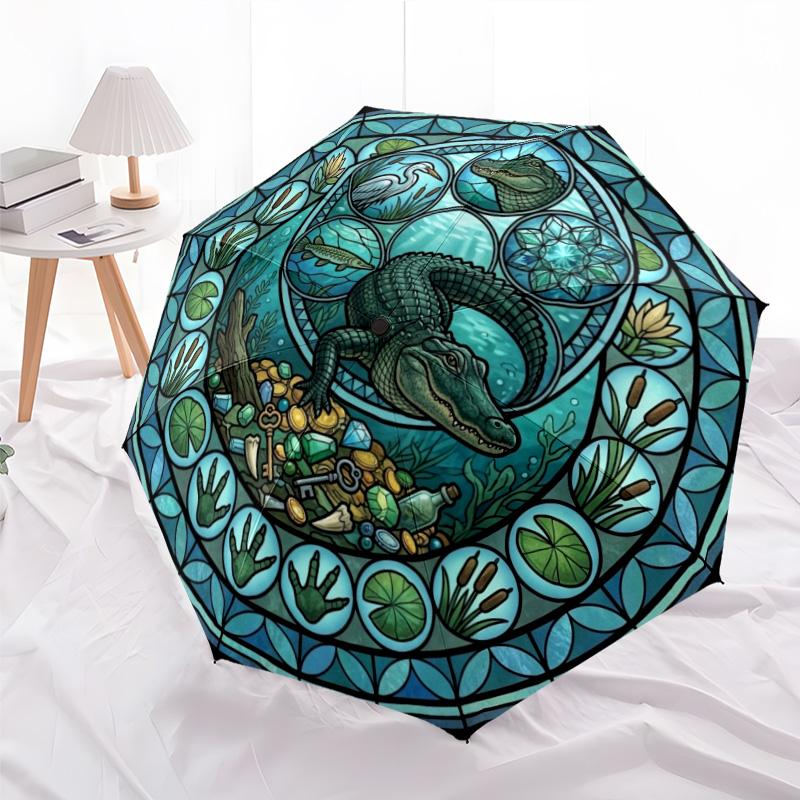 Alligator Treasure Glass Pattern Umbrella, Portable and Foldable Design, 8 Ribs, a Casual Accessory for Halloween, Christmas, and Birthday Gifts.
