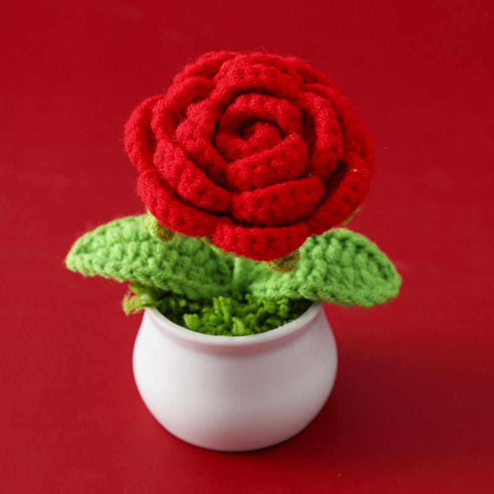 DIY Handwoven Mini Potted Flower Rose Tulip Daisy Office Desktop Ornamental Plant Woolen Thread Finished Product Home Decoration