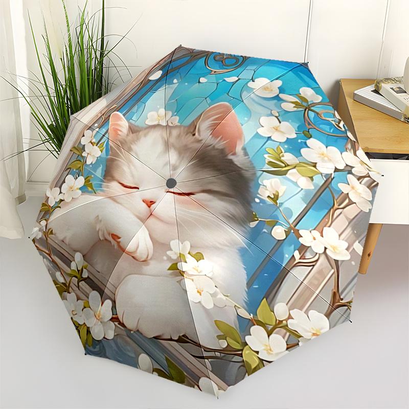 

1pc Charming White Flower Cat Window Frame with Automatic Opening Umbrella, Perfect for Fans, Travelers, Daily Use, and Festive Gifts!C092