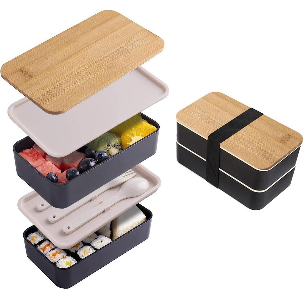 Japanese Bamboo Double-Layer Insulated Lunch Box with Large Capacity and Microwave Safe Plastic Compartments