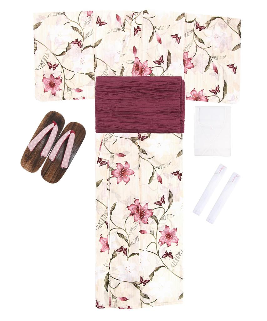 Yukata change set heiko E Scarlet Lily Butterfly [KYOETSU] set, weave, unbleached, 6-piece (yukata, obi, underwear, geta, waistband) Women's (10.