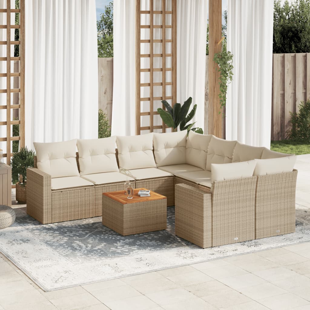 Vidaxl 9-Cz. Gartenmöbel-Set mit Kissen, Beige, Polyrattan