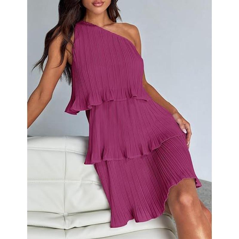 VEZFAA Women's Fashion Summer Spring Solid Color Print Sleeveless Oblique Collar High Waist Casual Dresses