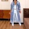 European & American Spring/Autumn Women's Washed Ripped Denim Long Sleeve Trench Coat with Lapel