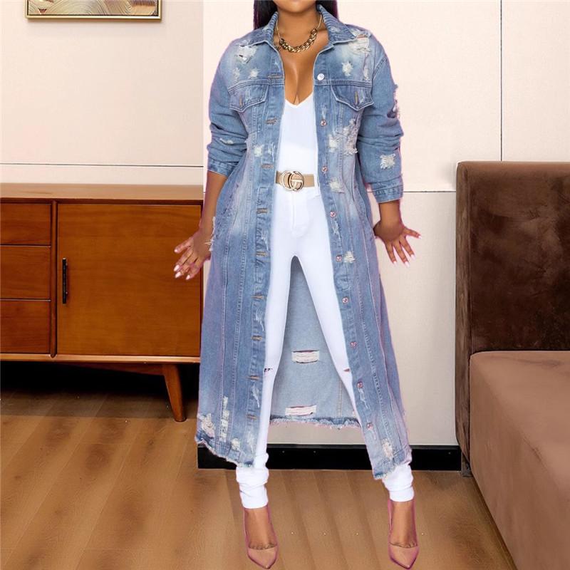 European & American Spring/Autumn Women's Washed Ripped Denim Long Sleeve Trench Coat with Lapel