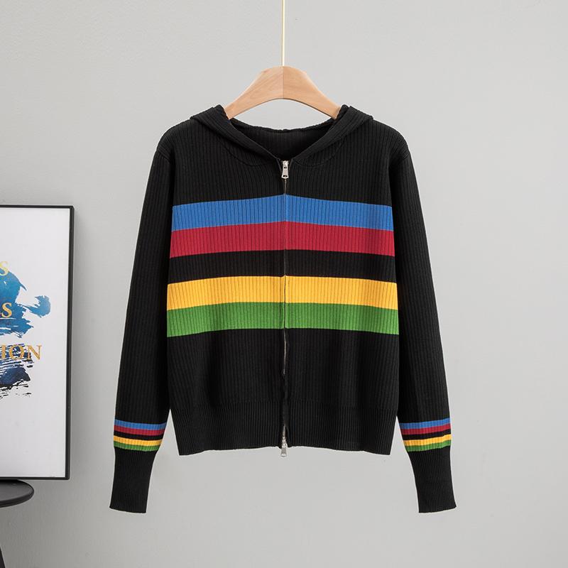 

Long Sleeved Colorful Sstripes Knitted Cardigan For Women s New Autumn Winter 2025 Hooded Top Women Casual Loose Sweaters One Size чорний