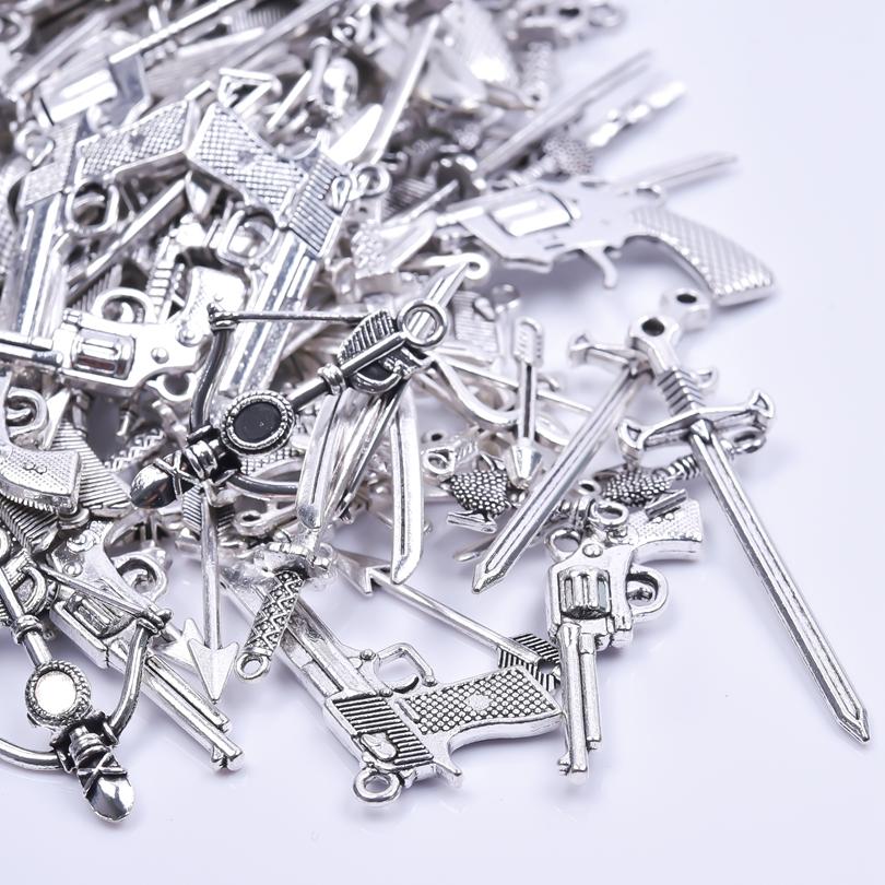 102030Pcslot Silver Color Metal Weapon Sword Gun Charms For Jewelry Making Supplies Random Mix Handmade Bow And Arrow Pendant