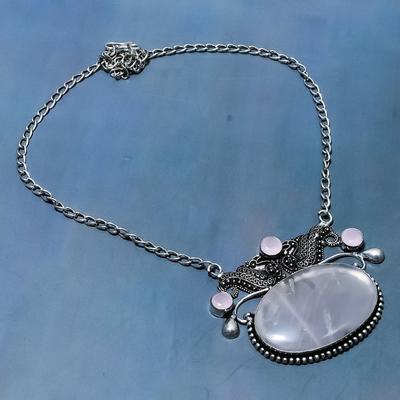 Natürlicher Rosenquarz-Edelstein, handgefertigte Halskette aus 925er Sterlingsilber, 45,7 cm, C7u72