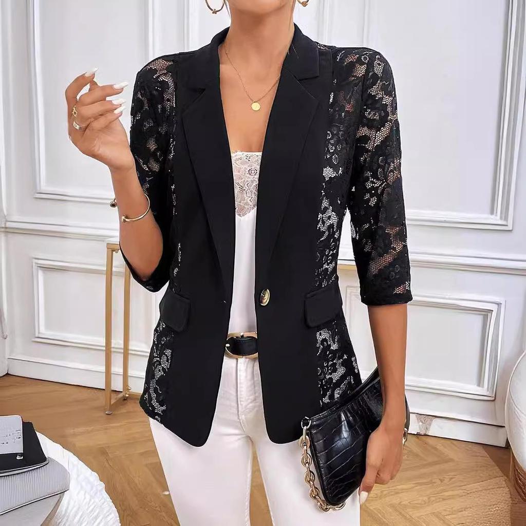 Blazer élégant en patchwork de dentelle de couleur unie pour femme, nouvelle collection automne/hiver