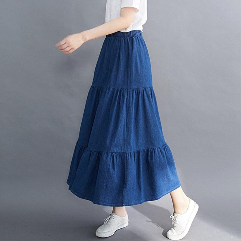 Qooth Fustă Denim Elegantă Casual cu Volane, Lungime Glezne, cu Talie Elastică pentru Primăvară Vară QT2211