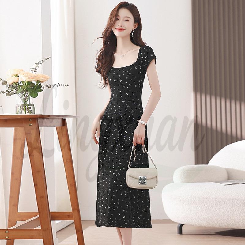 Tea Break French Floral Black Dress: Summer 2026 Elegant Slimming Long Dress for Women M чёрный