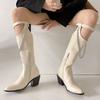 2025 Autumn Winter Women Leather Knee High Boots Sexy Pointed Toe Long Boots Women Fashion Metal Chain Chunky Heel Botas