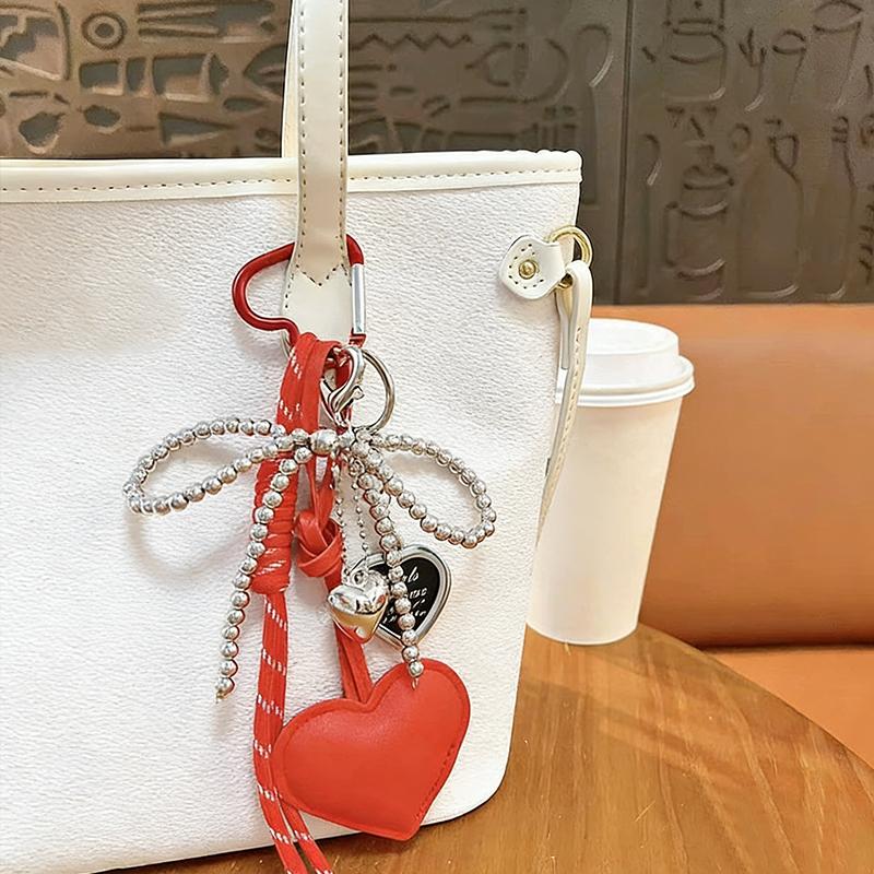 Trendy Leather Heart Bow Keychain Delicate Beaded Keyring Car Key Holder Bag Pendant Decoration For Girls Gift