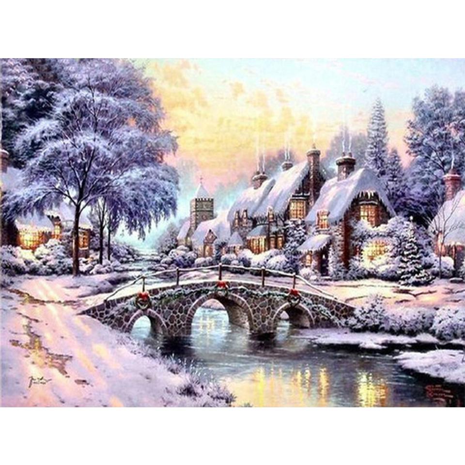 5D DIY Diamond Painting Landscape Winter House Full Round Rhinestone Embroidery Cross Stitch Kit Mosaic Picture Decoration Gift