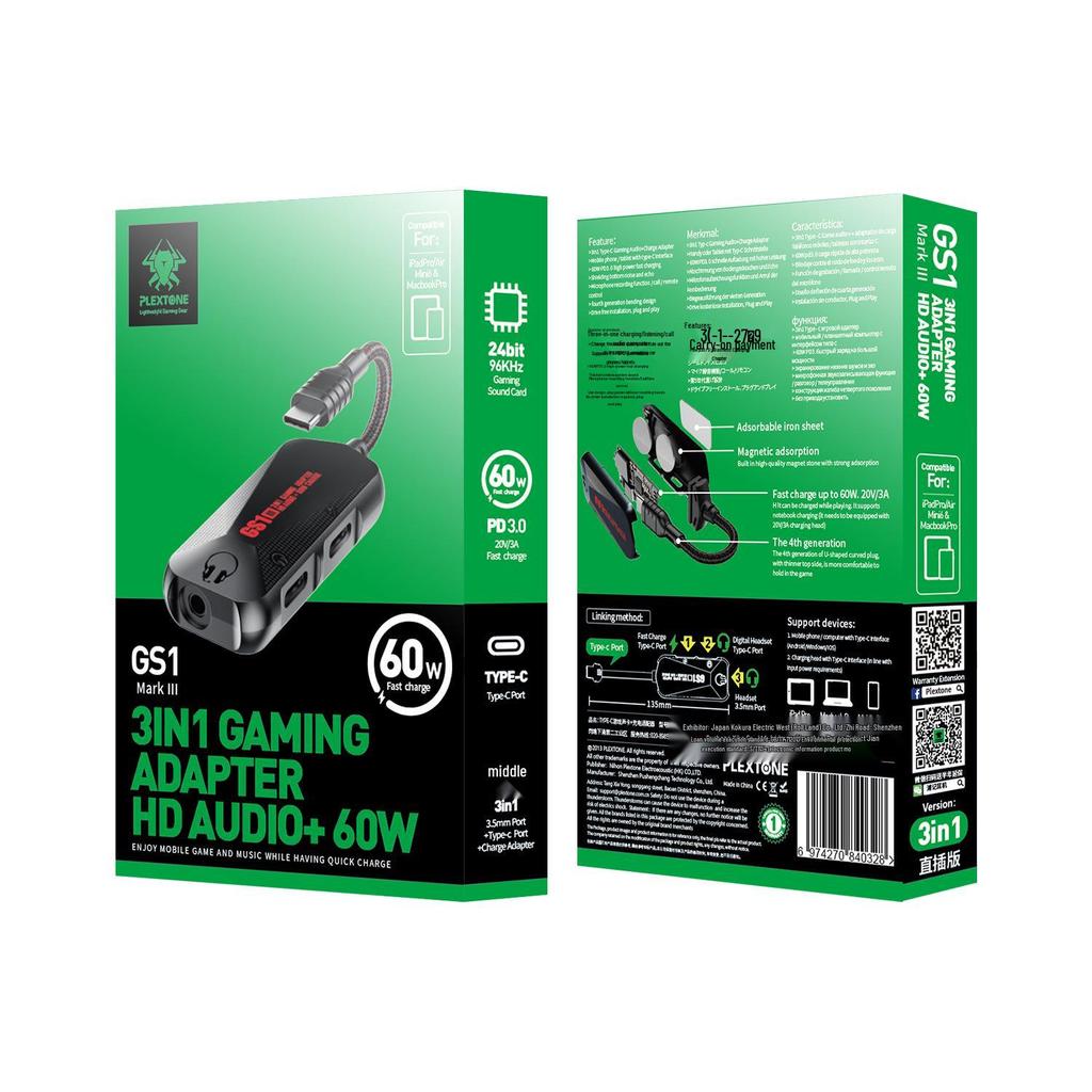PLEXTONE GS1 3-in-1 USB-C Fast Charge 60W Gaming Sound Card