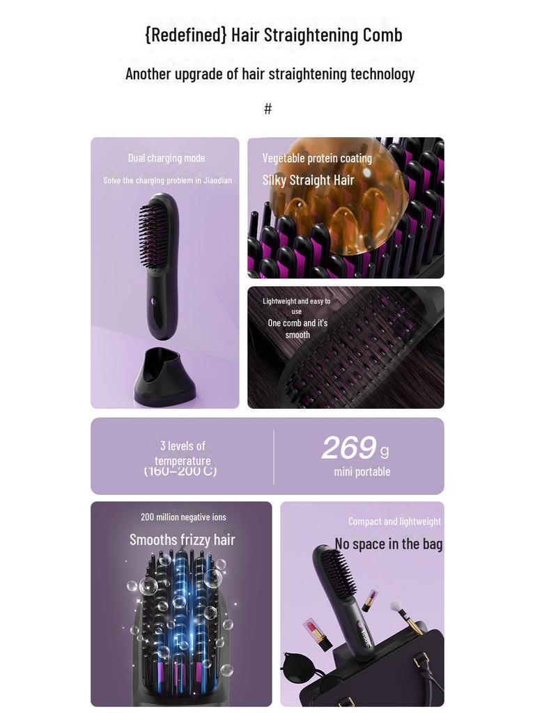 Portable LCD Hair Straightening Comb: Negative Ion Charging, Safe Heat, No Hair Damage