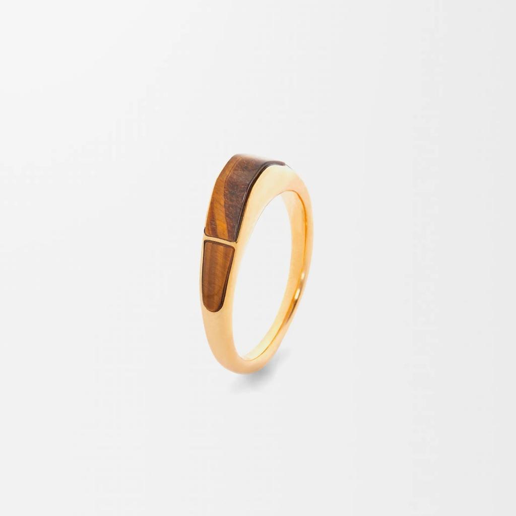 French Copper-Plated 18K Real Gold Inlaid Tiger'S Eye Stone Spotted Stone Ring, Elegant Temperament Simple Niche Ring