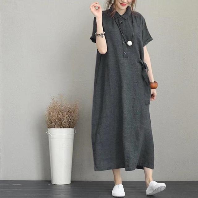 Polo Collar Cotton-Linen Short Sleeve Loose Pocket Dress