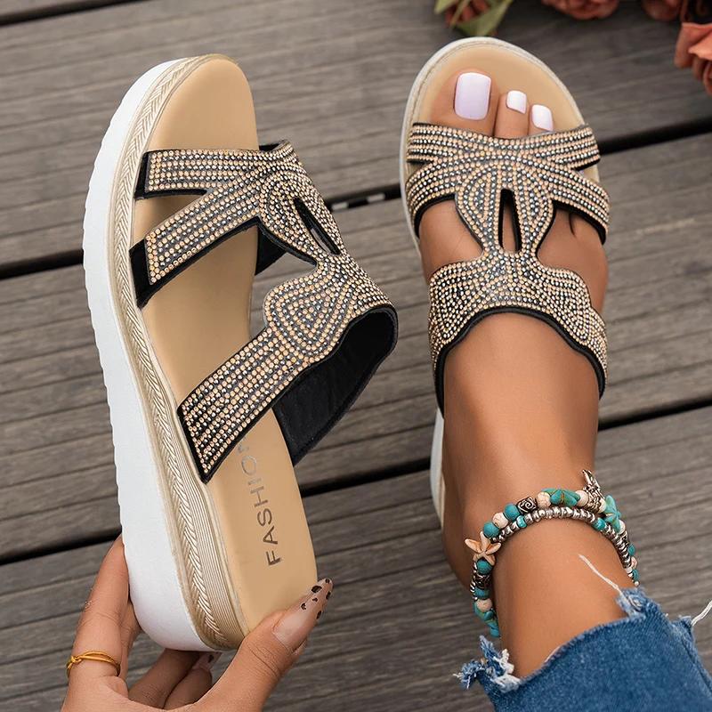 Fashion Fashion Rhinestone Wedge Slippers for Women 2025 Summer Lightweight Non Slip Beach Slides Woman Peep Toe Platform Casual Sandals