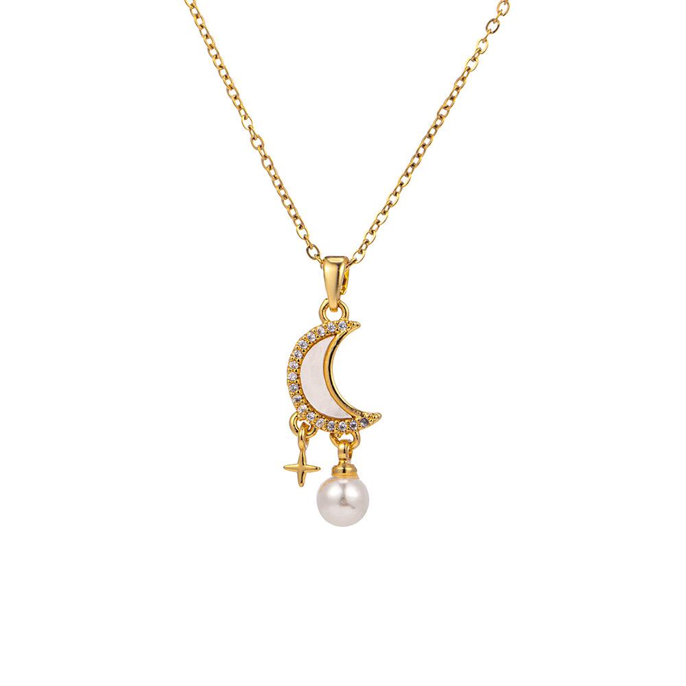 2026 Dreamy Moon Star Pearl Pendant Necklace - Gold Plated Zircon Celestial Tassel Collarbone Chain for Women Elegant Jewelry