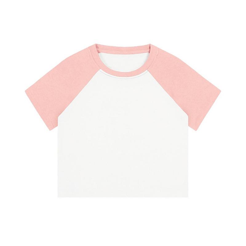 Ensfarvet Rund hals Skuldermermer Ren bomull Fargeblokkert Kort Glansfull Kortermet T-skjorte