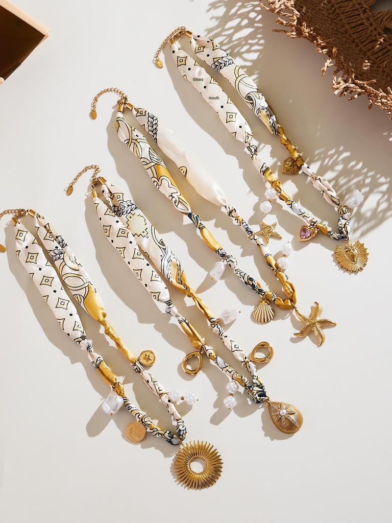 Qiong Yao Multi-Pendant Pearl Silk Scarf Necklace with Stainless Steel Clavicle Chain