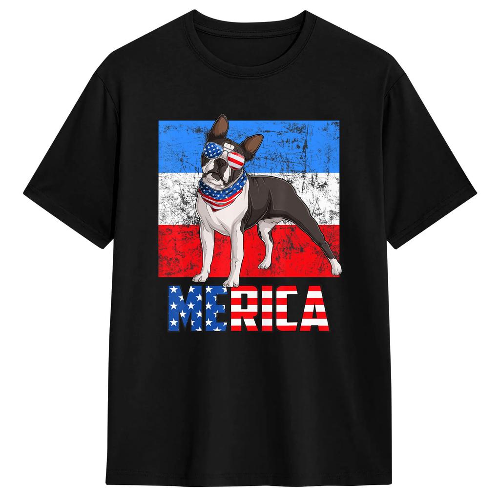 Boston Terrier 4th Of July Patriotic Dog Tshirt Trending T Shirts Shortsleeved Streetwear Tshirt 100 Cotton Oversize Tees