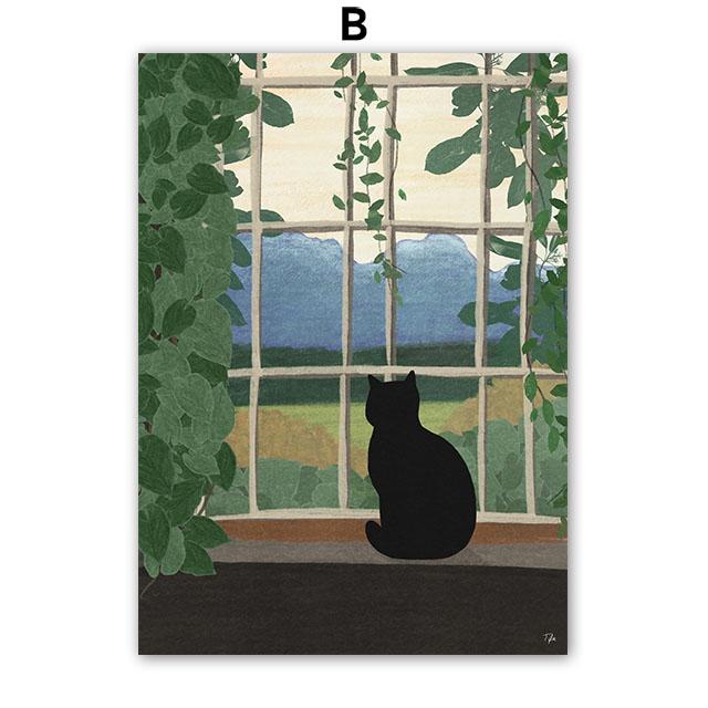 Boho Abstract Girl Garden Flowers Cat Illustration Wall Art Canvas Painting Nordic Poster And Prints Pictures Living Room Decor