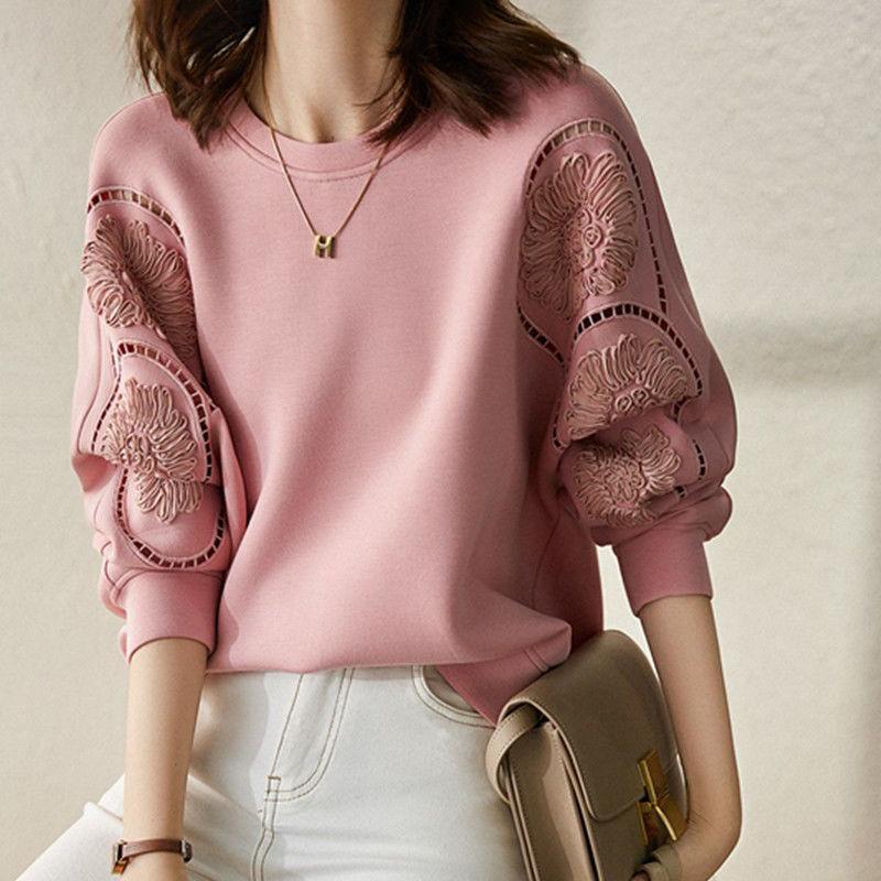 

Свитер свободный женский летний плюс пух с круглым вырезом ажурный узор вышитый однотонный повседневная мода удобные топы с длинными рукавами