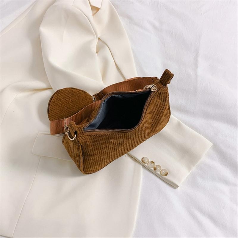 Womens Fashion Solid Color Corduroy Underarm Bag with Coin Purse Pouches Shoulder Crossbody Bag for Shopping Dating Work