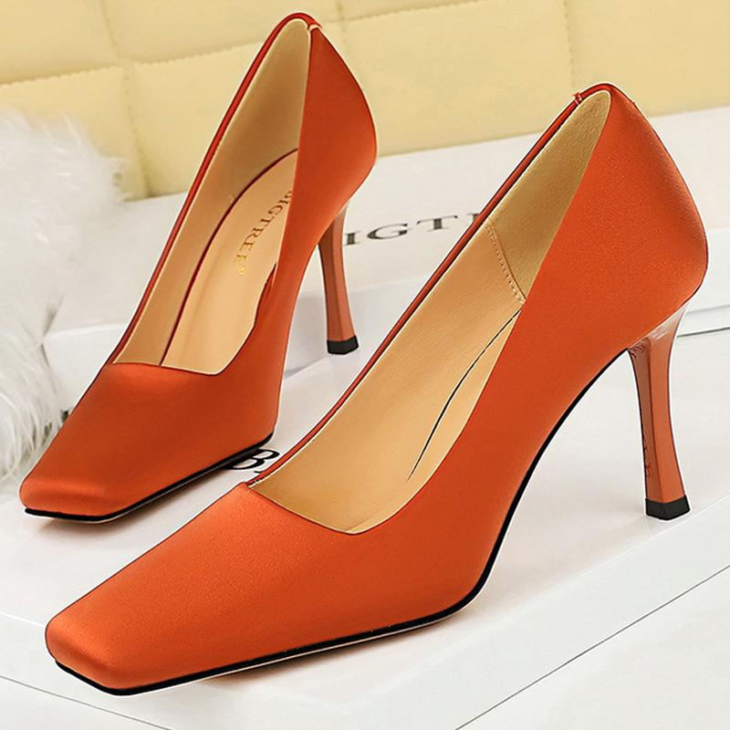 2025 Spring New Women Pumps Silks Satins High Heels Women 8.5 Cm Stilettos Square Toe Ladies Heels Versatile High-heeled Shoes