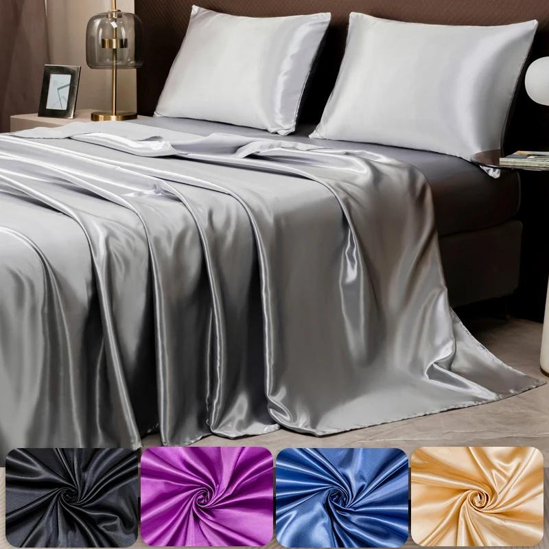 Satin Sheet and Pillowcase Set Smooth Bed Sheet Sets for Summer Satin Silk Flat Sheet With Pillowcase Includes Flat Sheet