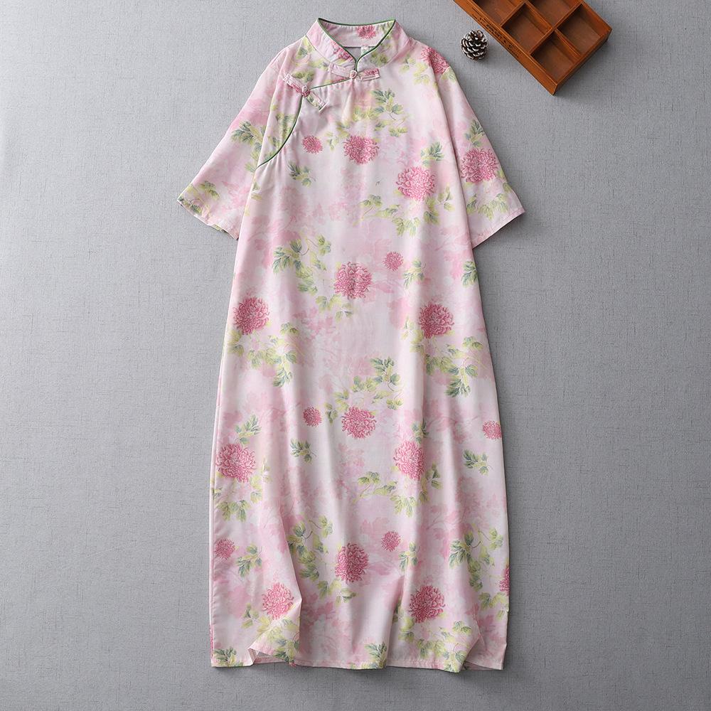 National style new Chinese women's cheongsam dress women's retro printing stand-up collar diagonal placket buckle horn sleeve long dress