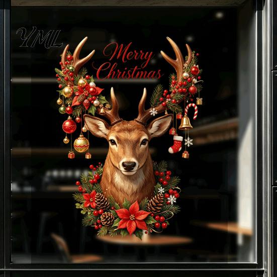Christmas Party Glass Decorations Reindeer Static Sticker, Removable Window Clings with Merry Vintage Elk Head Decals Text, Reusable PVC Stickers for